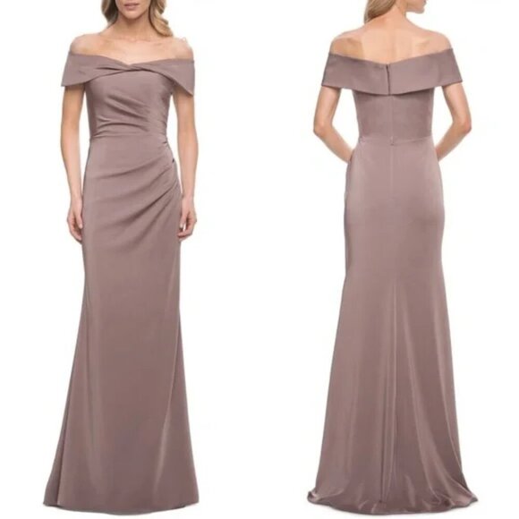 NWT La Femme 30397 Off Shoulder Twist Neckline Gown in Cocoa Sz. 12 - Picture 1 of 10